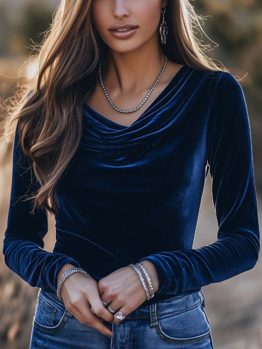 Women's Retro Cowl Neck Long-sleeved Velvet T-Shirt