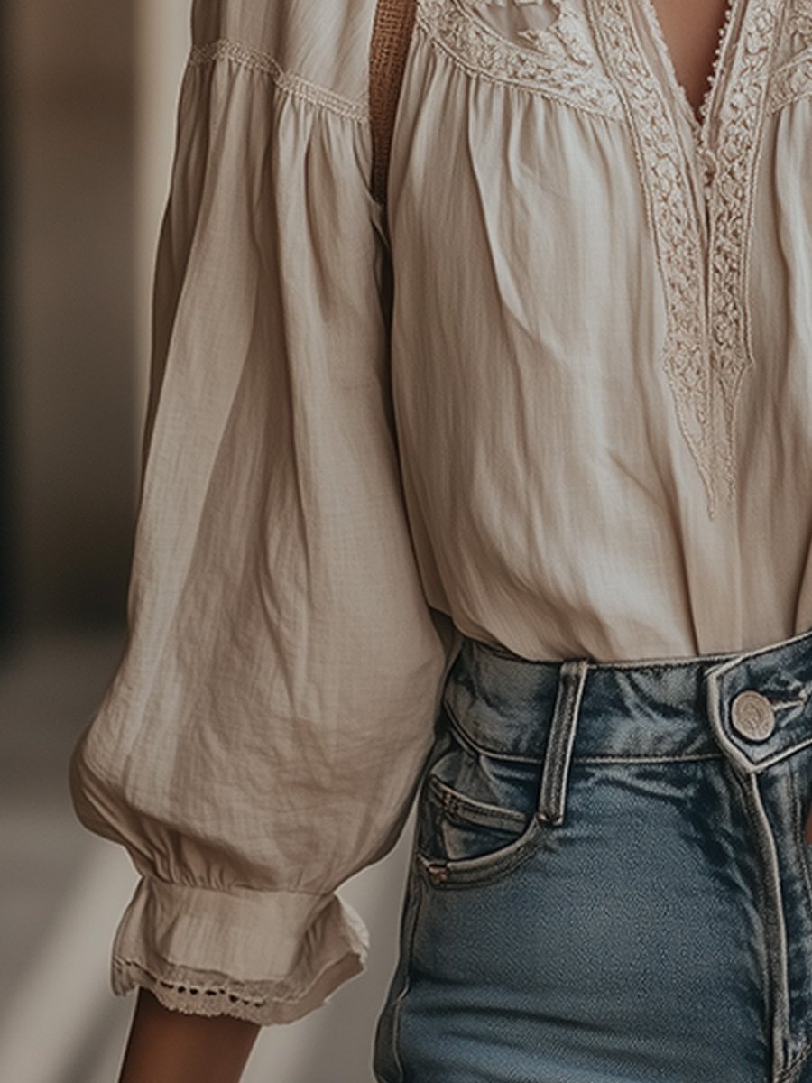 Vintage-Inspired Lace Embroidered Blouse with High Neck