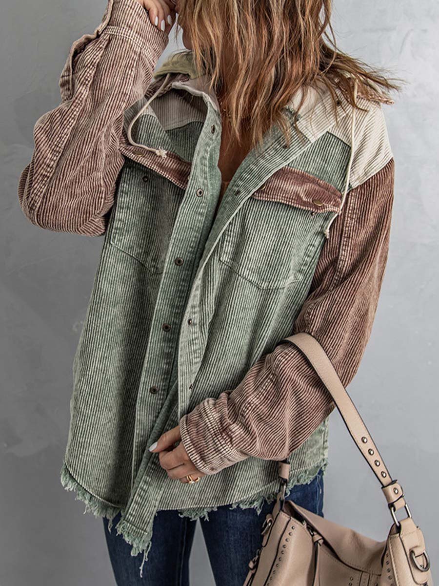 Women's Colorblock Button Hooded Corduroy Jacket