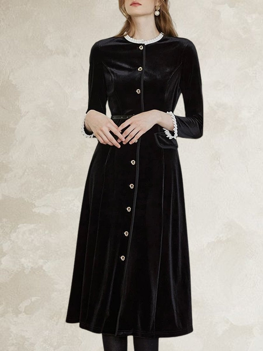 Elegant Lace Trim Single-breasted Velvet Tea Dress