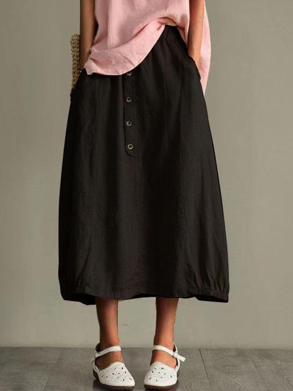 Cotton and Linen Elastic Waist Pocket Button Skirt