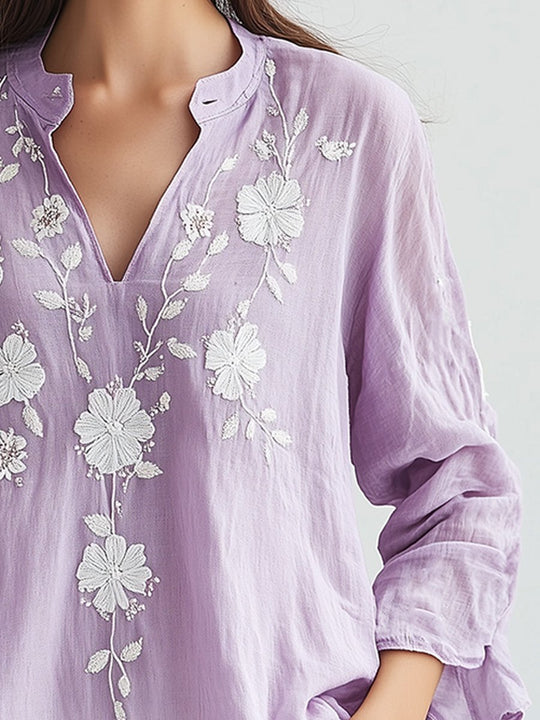 Elegant Lavender Floral Embroidered with Relaxed Fit Blouse