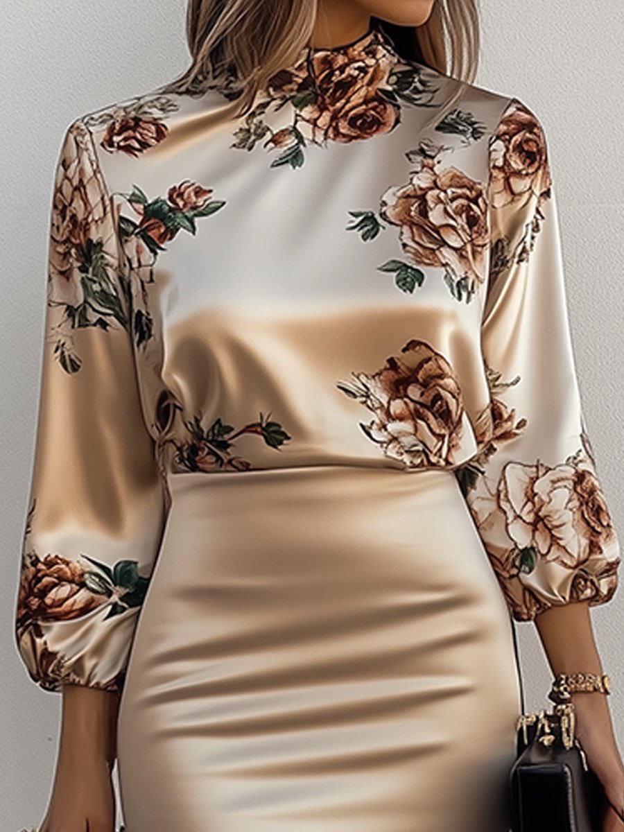 Floral Satin Blouse Sleek Bodycon Skirt