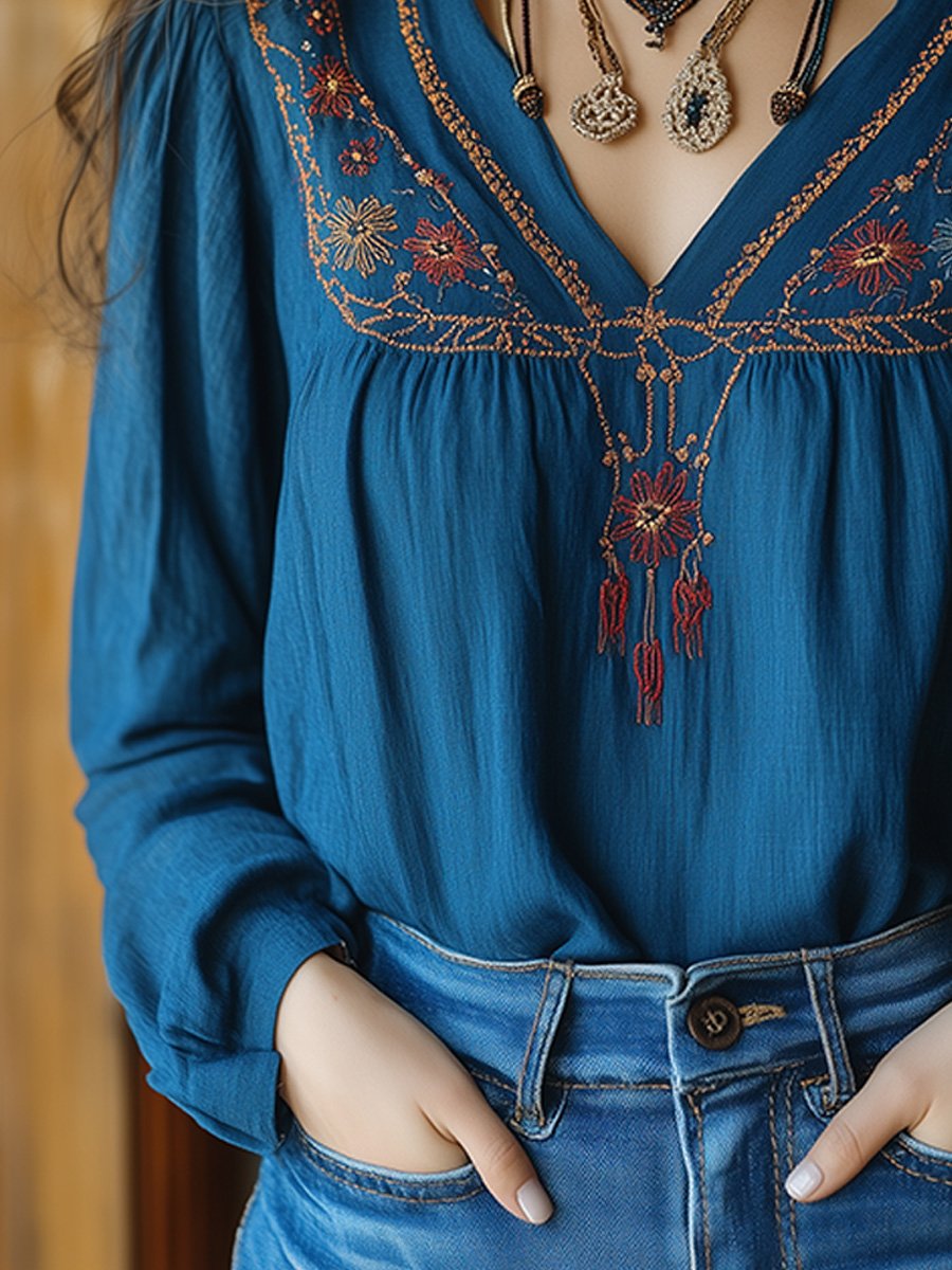 Boho Embroidered V-Neck Blouse with Rustic Charm