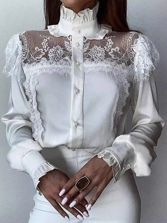 White High Collar Mesh Lace Patchwork Ruffled Shirt