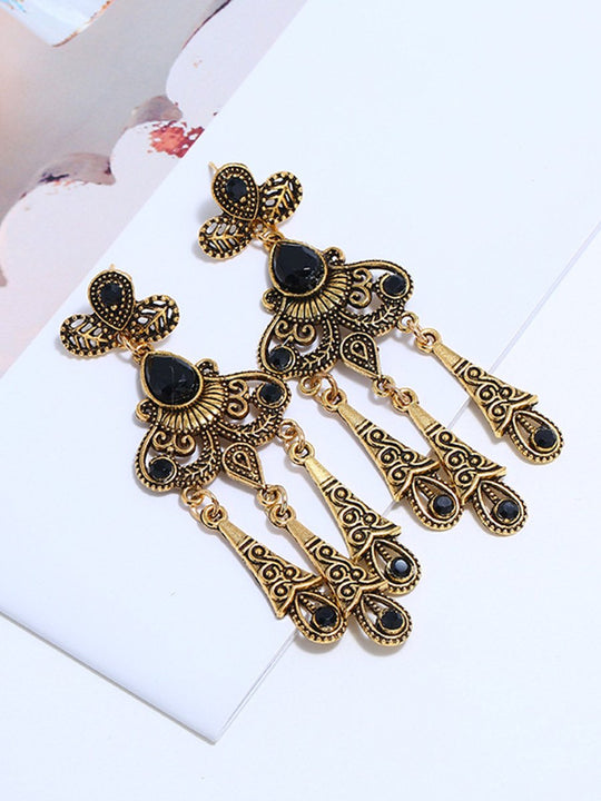 Retro Ethnic Style Hollow Leaf Gemstone Water Drop Tassel Earrings