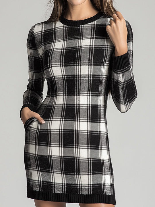 Fashion Classic Plaid Slim Midi Dress