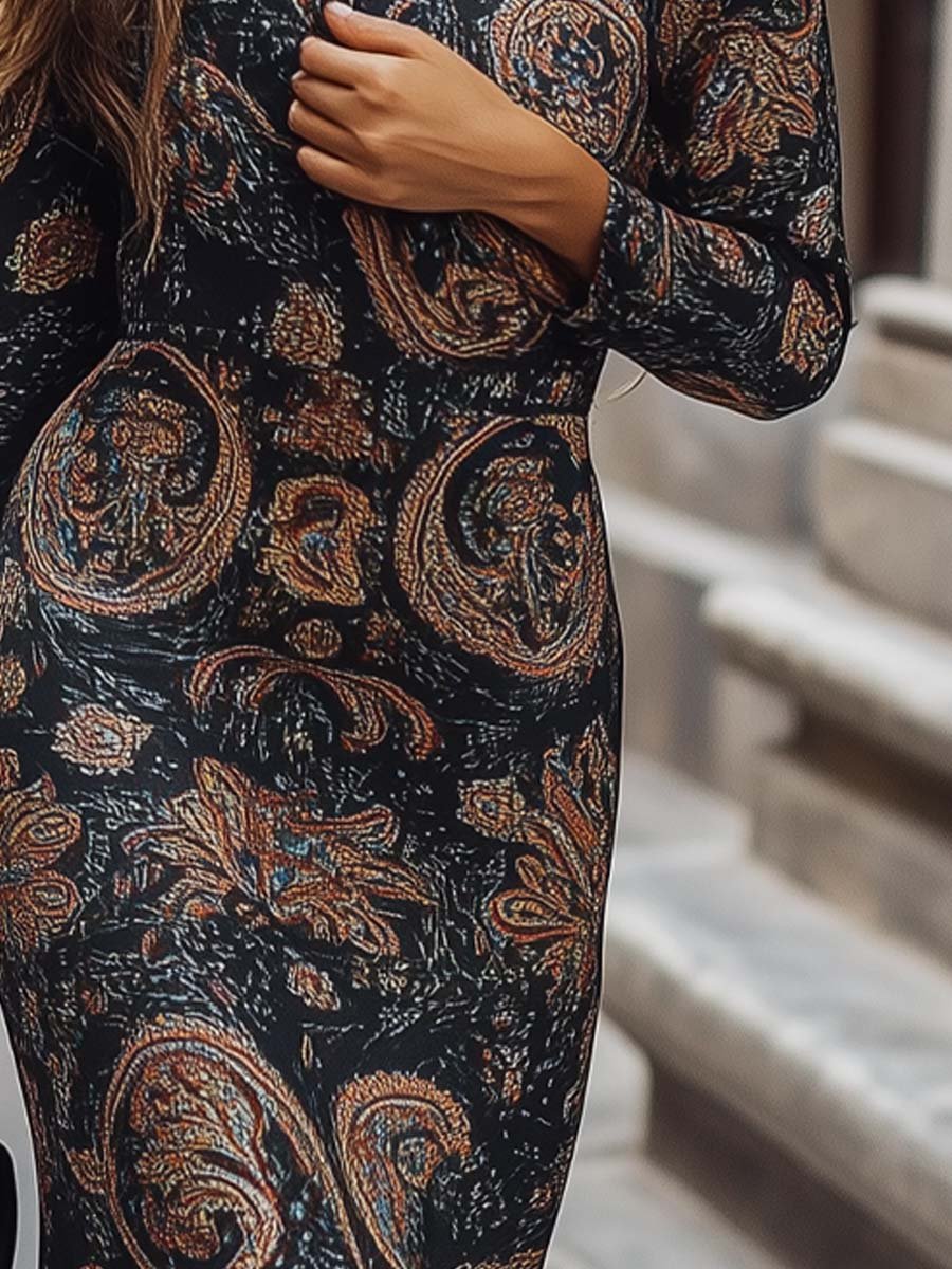 Women's Retro V neck Paisley Bodycon Dress