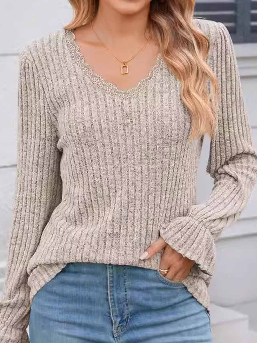 Ribbed Lace Collar Long-sleeved Bottoming Sweater