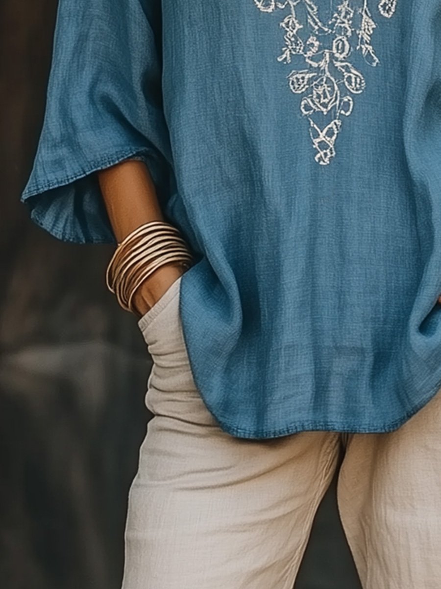 Casual V-neck Cotton and Linen Embroidered Top