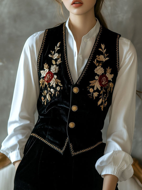 Retro V-neck Embroidery Button Down Velvet Vest