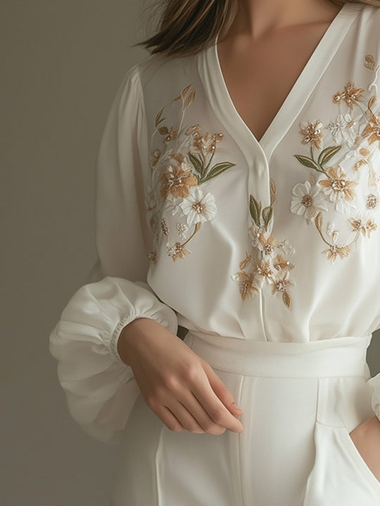 Elegant Embroidered V-Neck Blouse with Puff Sleeves