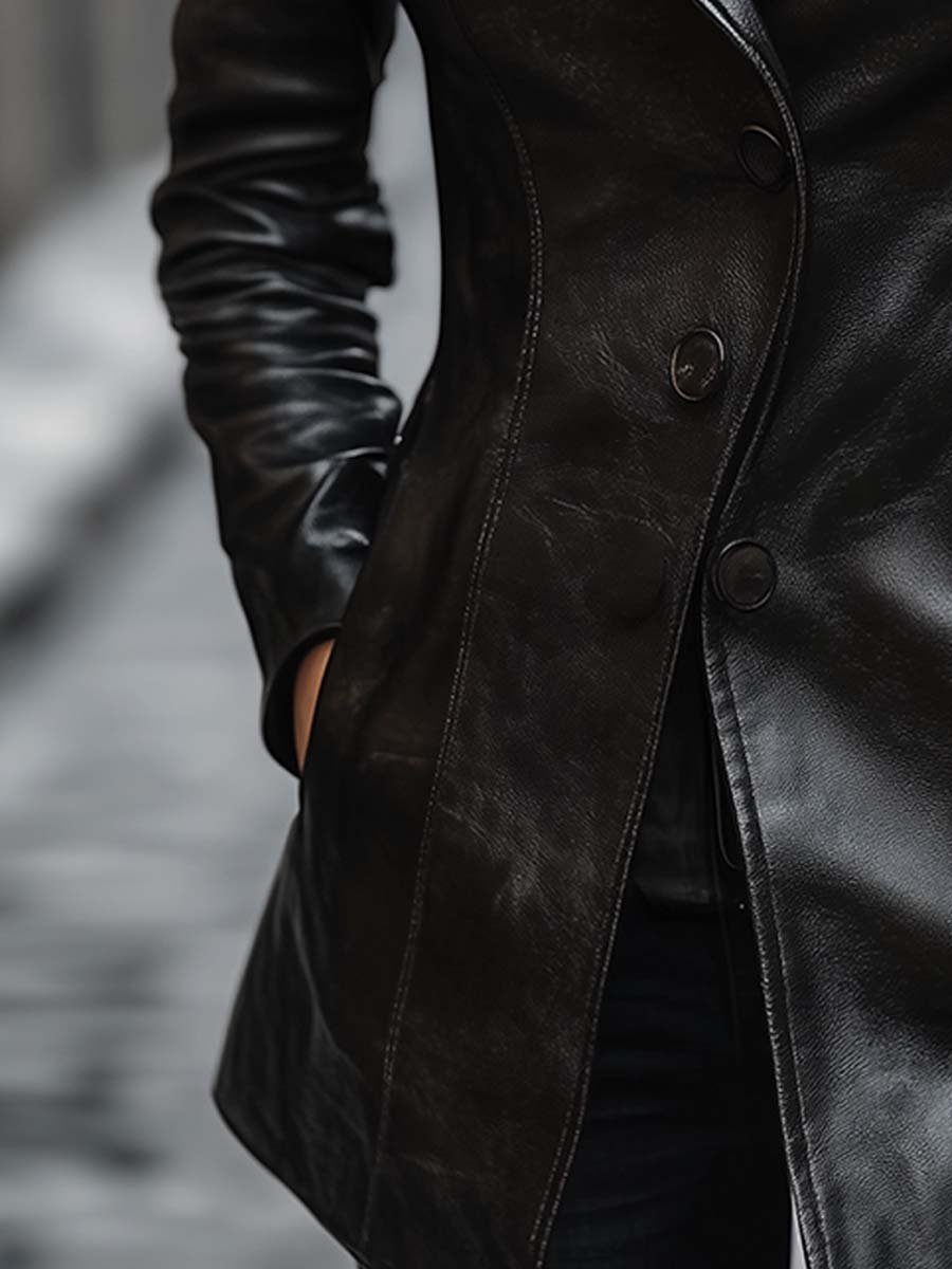 Vintage Lapel Button Leather Jacket