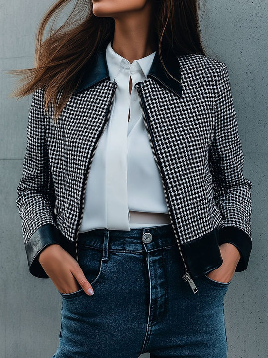 Stylish Leather Trim Houndstooth Pattern Zipper Jacket