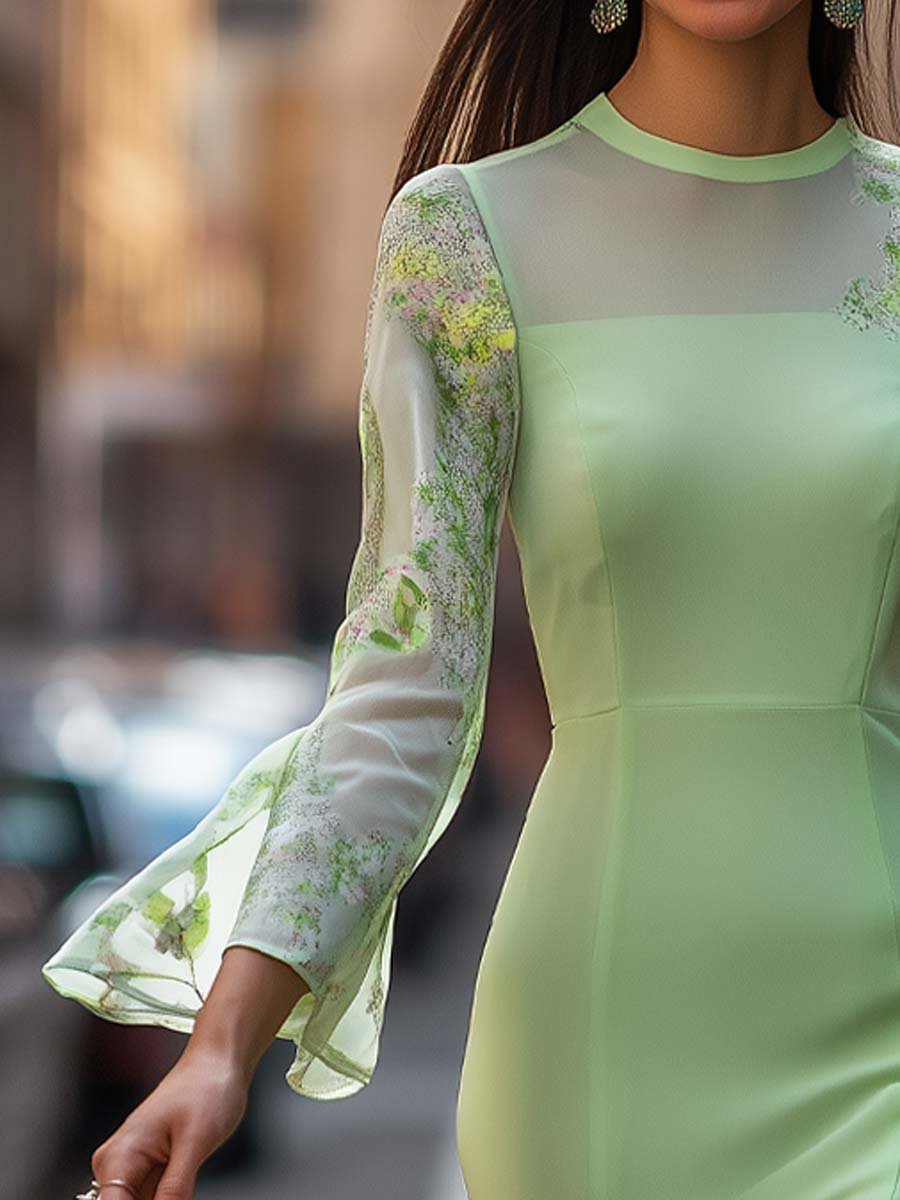 Pastel Elegant Floral Sheer Sleeve Midi Dress