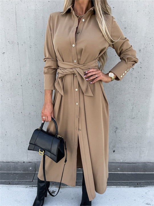 Solid Color Cardigan Long Sleeve Swing Maxi Dress