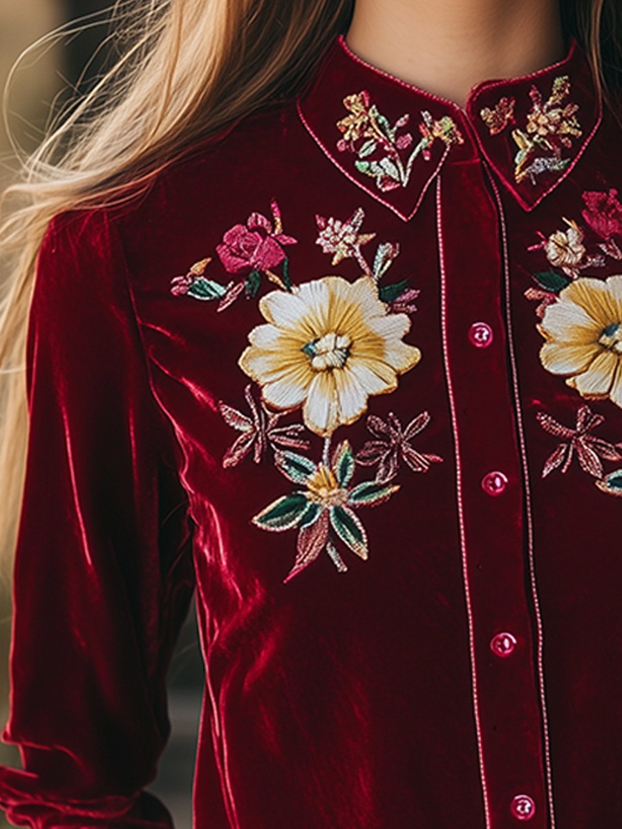 Elegant Embroidered Velvet Long-sleeved Shirt