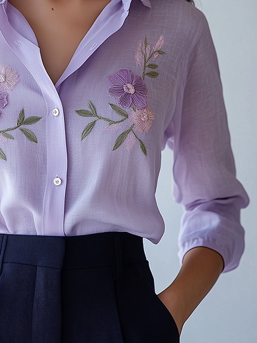 Lavender Floral Embroidered Sheer Button-Down Blouse