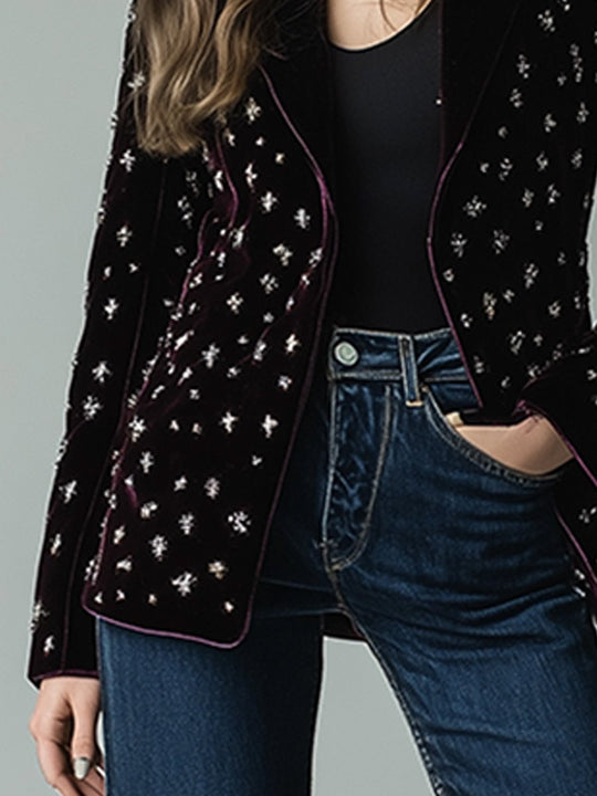 Casual Fashion Retro Purple Velvet Star Print Blazer