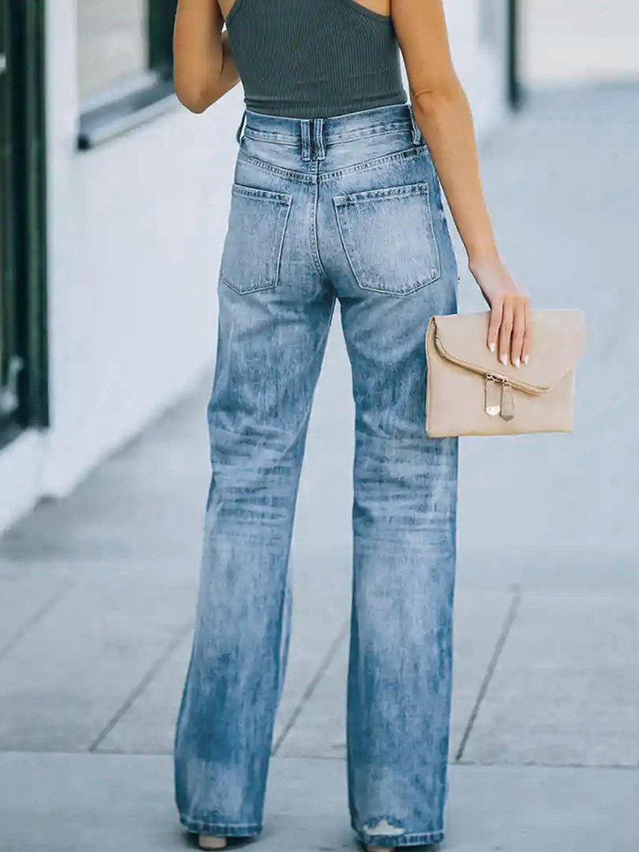 Stretch Washed Ripped Wide-leg Jeans