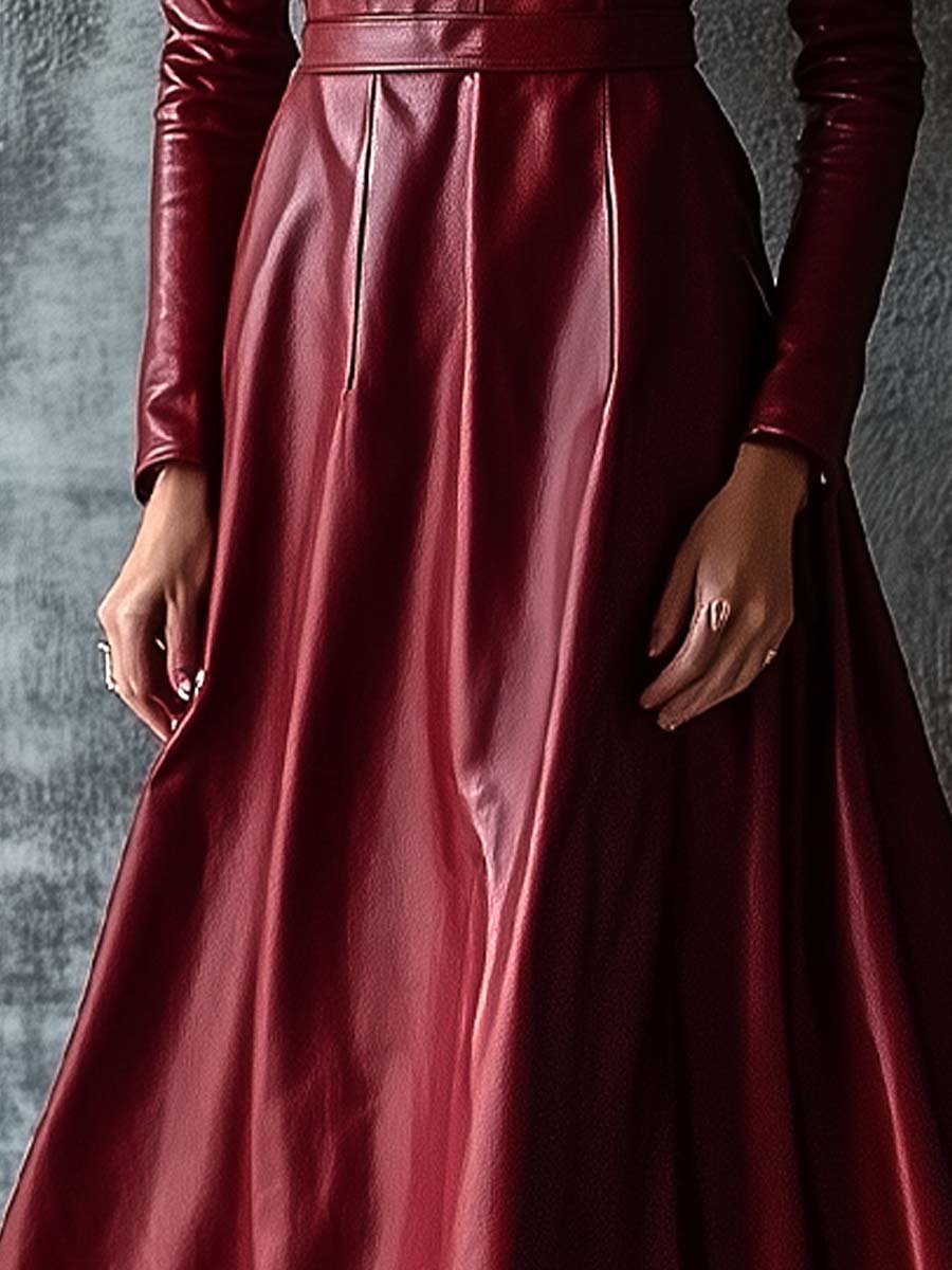 Women's Vintage Long Sleeve Leather Maxi Dress