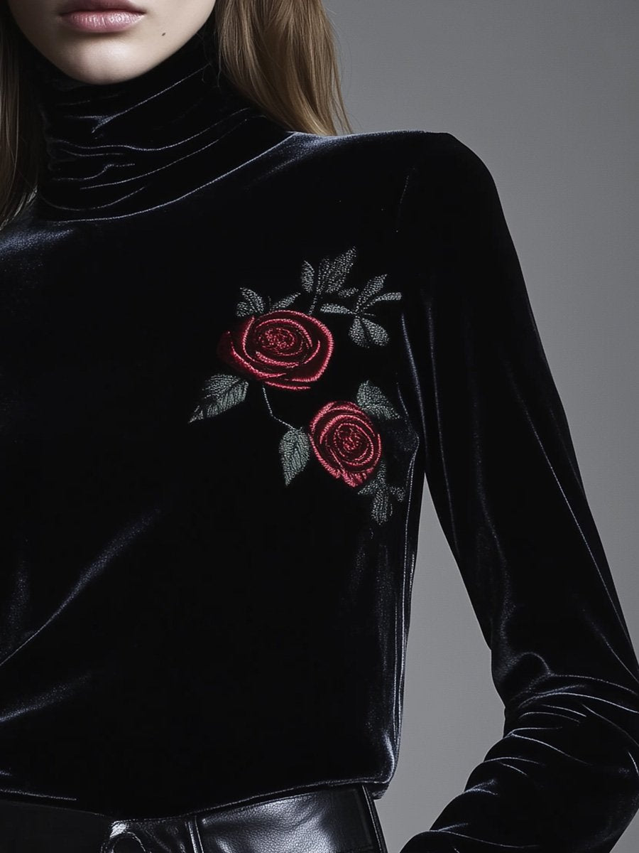 Vintage Velvet Embroidered Turtleneck Bottoming Shirt