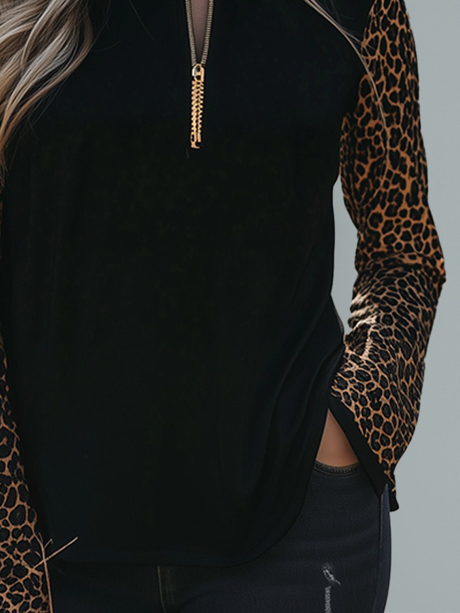 Fashion Loose Leopard Print Zipper Long Sleeve T-shirt