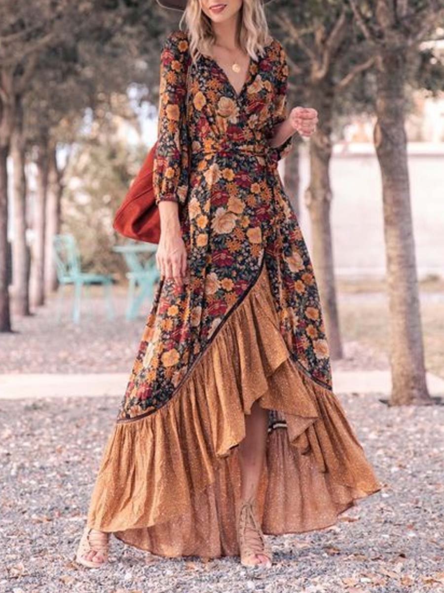 Retro Casual Long-sleeved Printed Maxi Dress