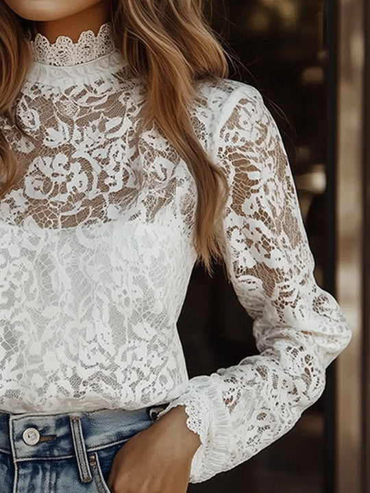 Elegant White Lace Top with High Neck and Delicate Detailing