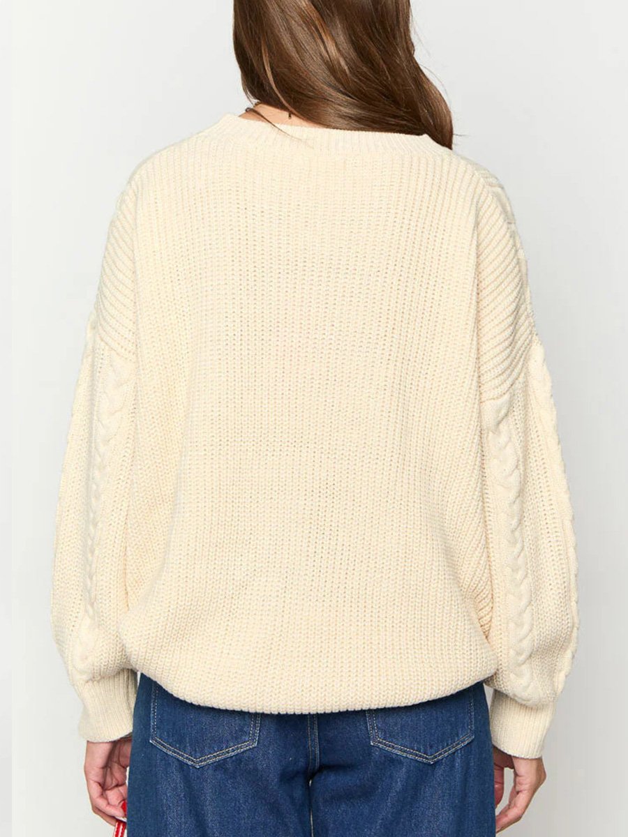 Round Neck Long Sleeve Twisted Rope Pullover Loose Sweater