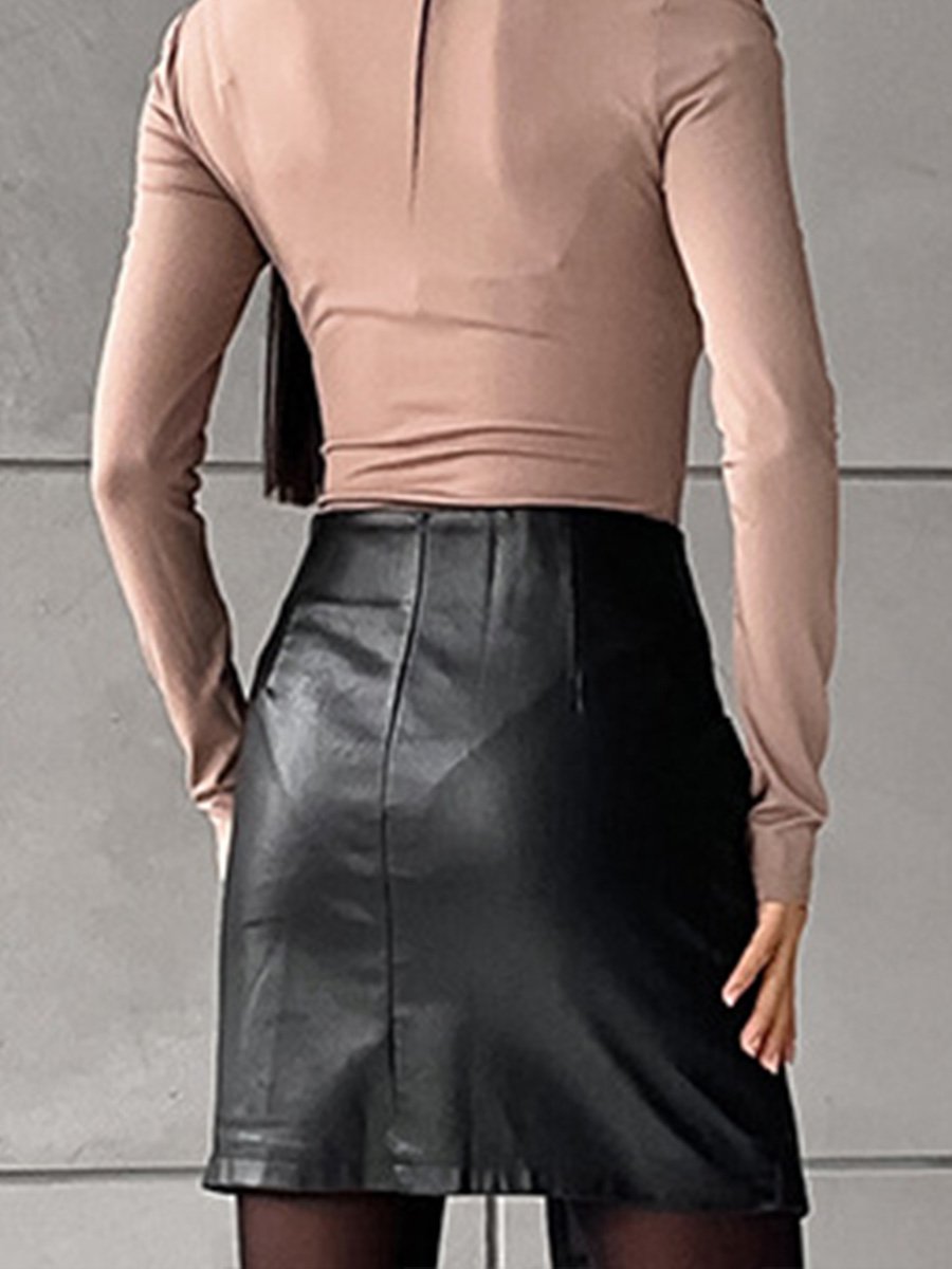 Slim Fit Leather A-line High Waist Hip Skirt