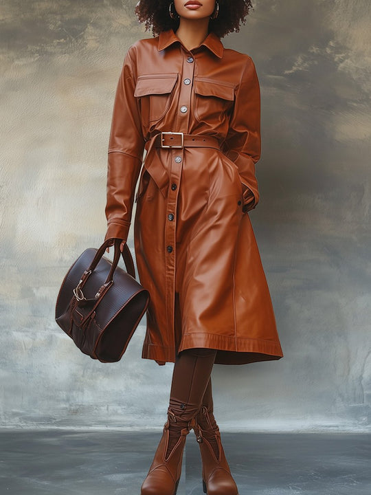 Brown Vintage Lapel Zipper Midi Leather Dress