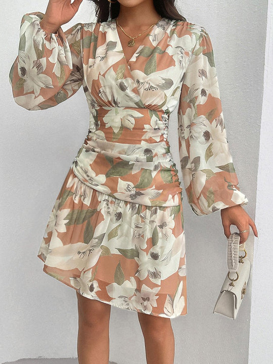 Temperament Casual Printed Waist Long Sleeve Dress