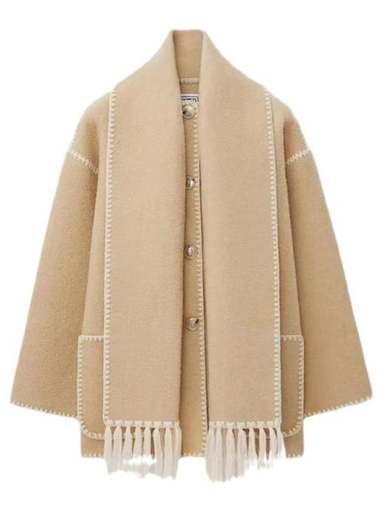 Fashionable Thickened Loose Scarf Tassel Woolen Coat