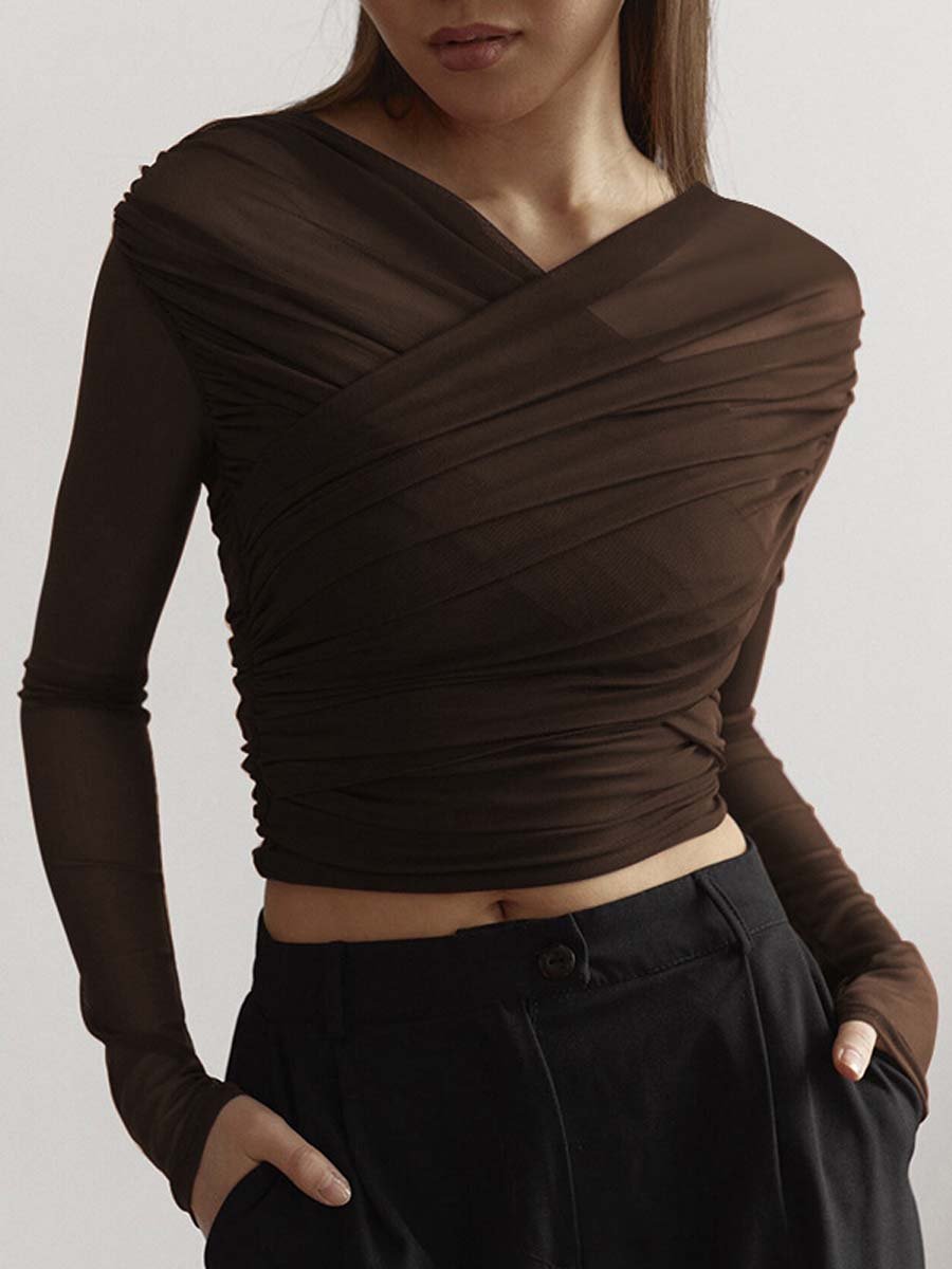 Vintage Mesh Pleated Long-Sleeved T-Shirt