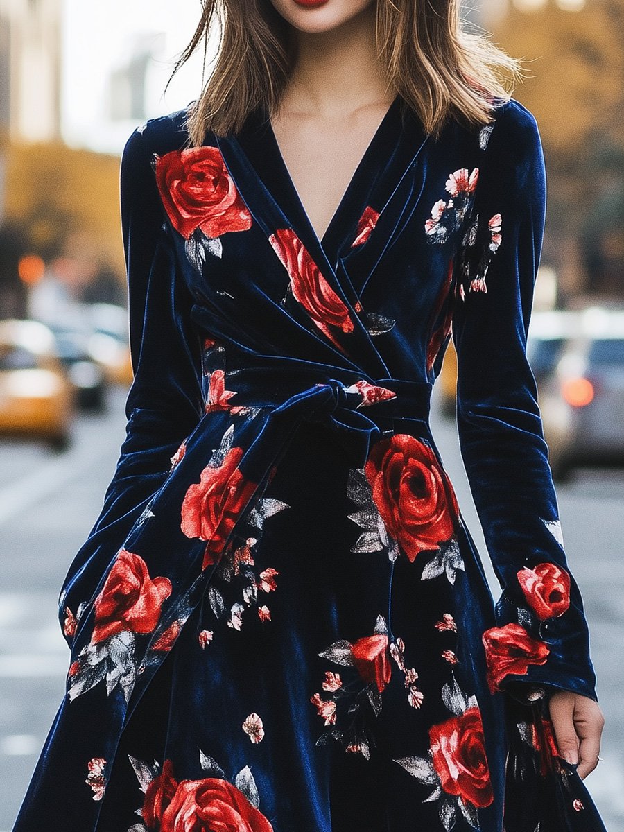 Vintage V-neck Velvet Rose Print Maxi Dress