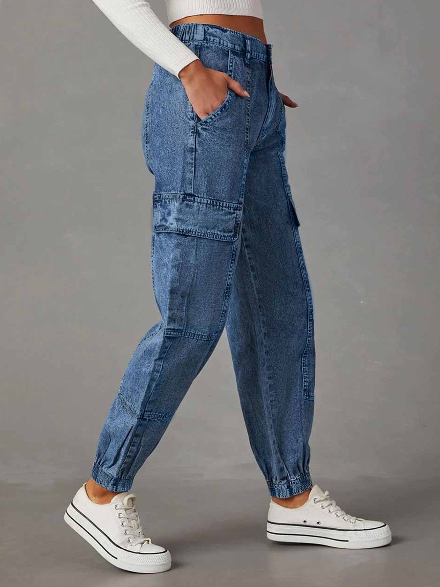 Fashion Casual Elastic Waist Loose Cargo Jeans