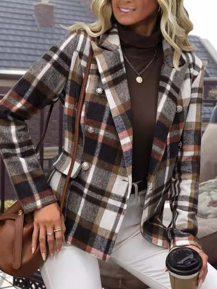 Women's Plaid Button Long Sleeve Blazer