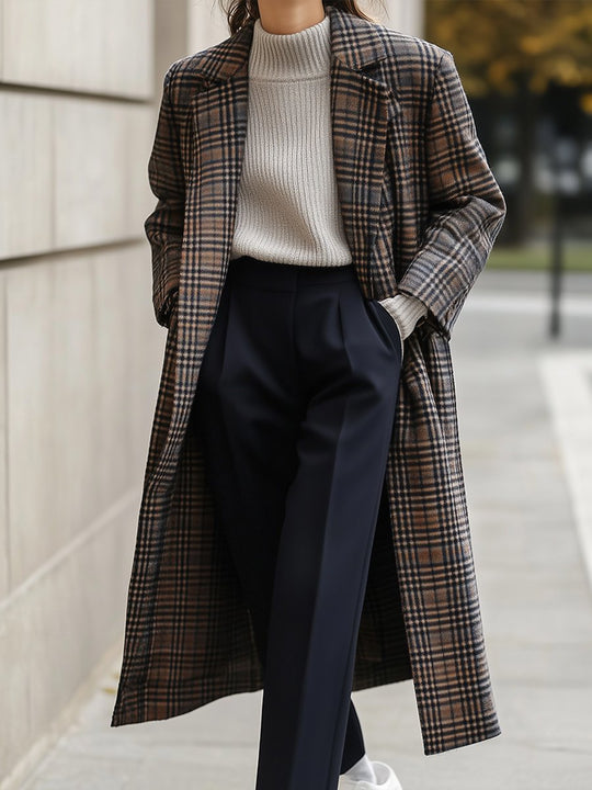 Stylish Plaid Wool Long Coat with Lapel