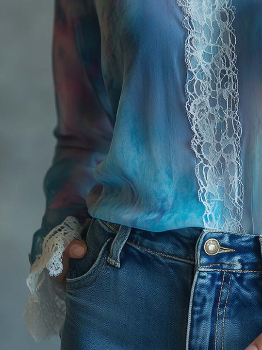 Tie-Dyed Chiffon Lace Trim Shirt