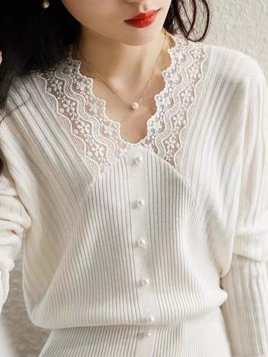 V-neck Lace Slim-fit Long-sleeved Sweater