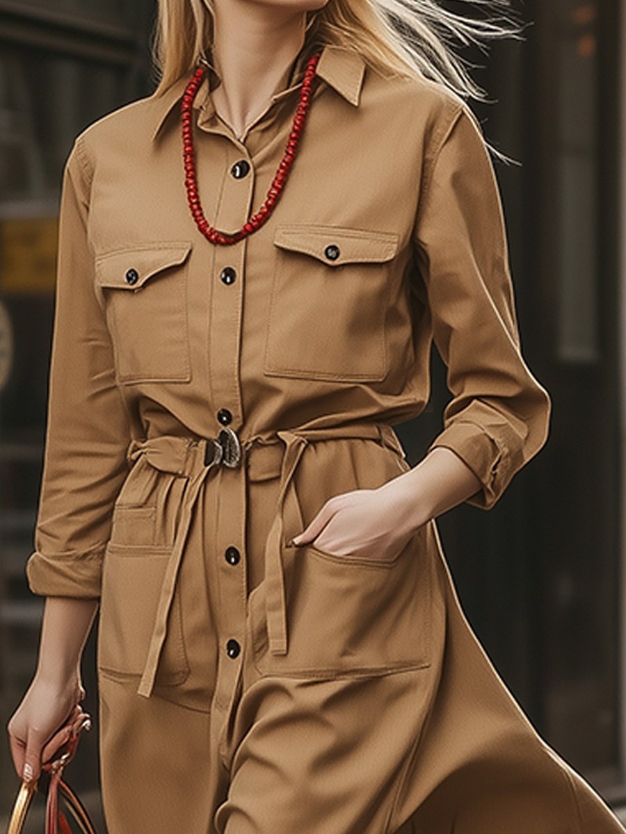 Chic Belted Trench-Style with Utility Charm Midi Dress