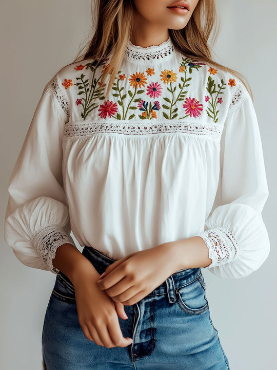 Chic Lace Patchwork Flower Embroidery Blouse