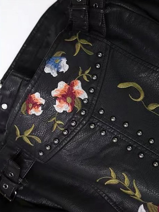 Stylish Elegant Embroidered Rivet Leather Jacket