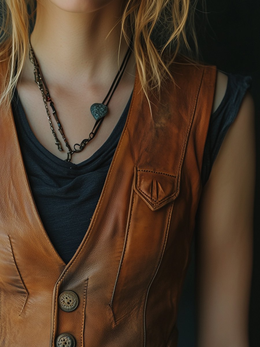 Casual Vintage Waist Button Leather Vest