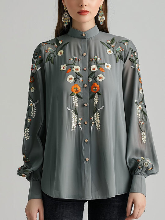 Floral Embroidered Commuter Long-sleeved Shirt