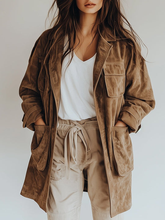 Retro Multiple-pockets Button Down Suede Cargo Coat