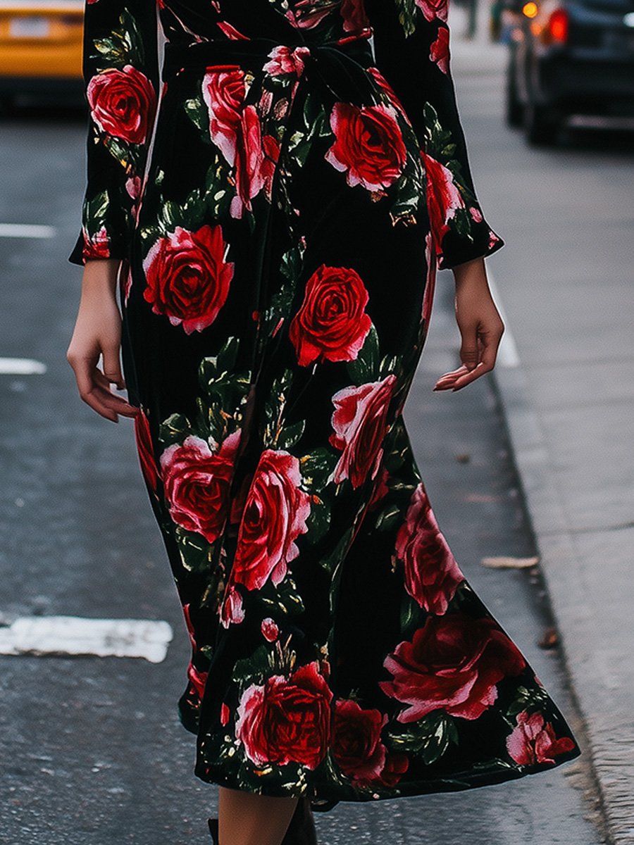 Elegant Retro V-neck Rose Print Maxi Dress