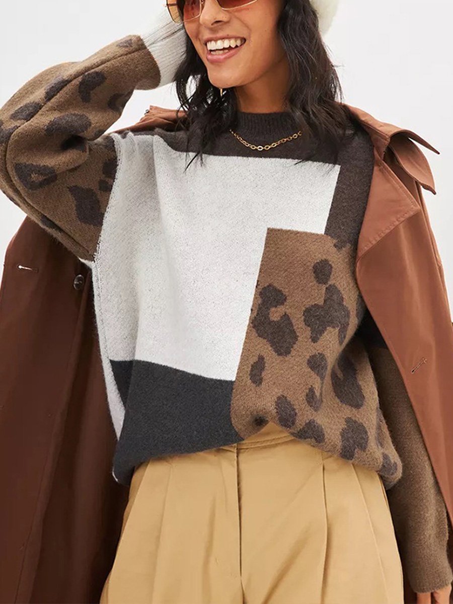 Fashionable Retro Loose-Fit Leopard Print Pullover Knit Sweater