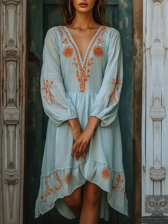 Bohemian Embroidered High-Low Midi Dress